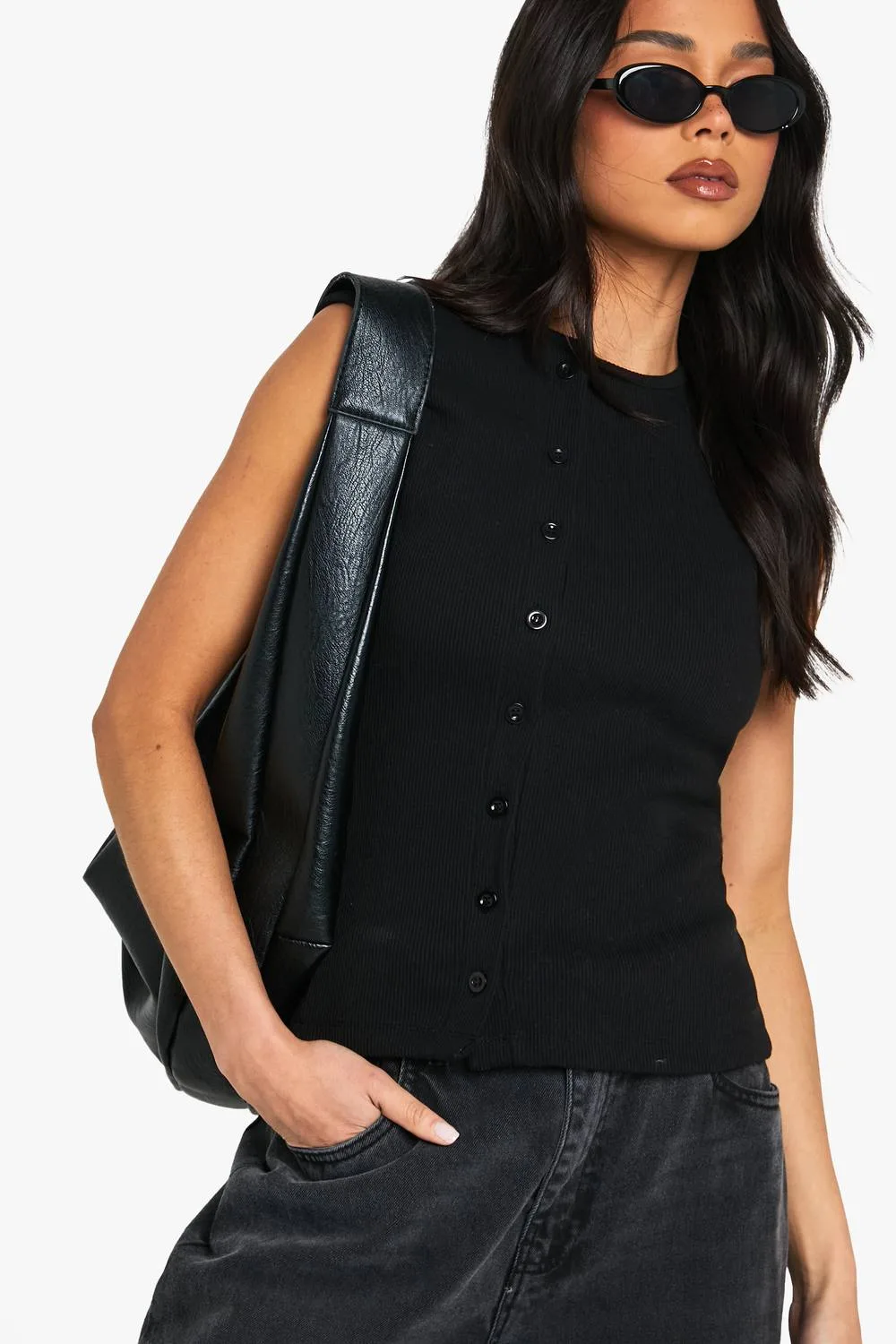 Heavy Rib Button Through Sleeveless Top by boohoo
