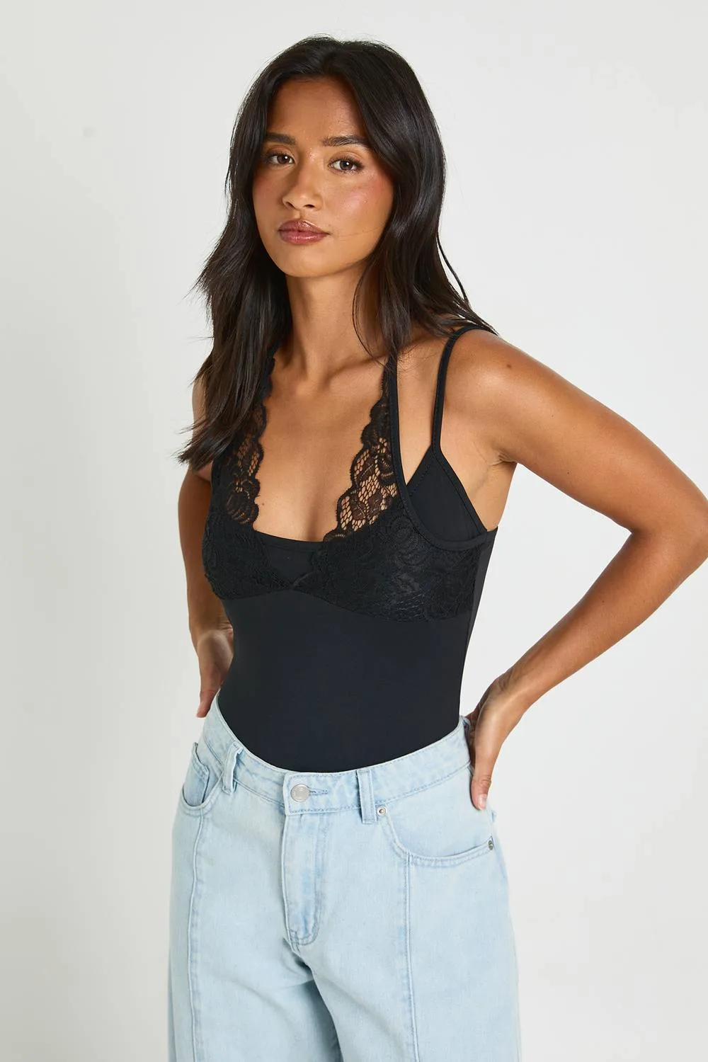 Matte Slinky Lace Trim Halterneck Bodysuit by boohoo