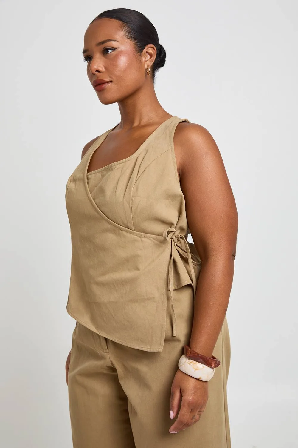 Cotton Twill Square Neck Wrap Top by boohoo