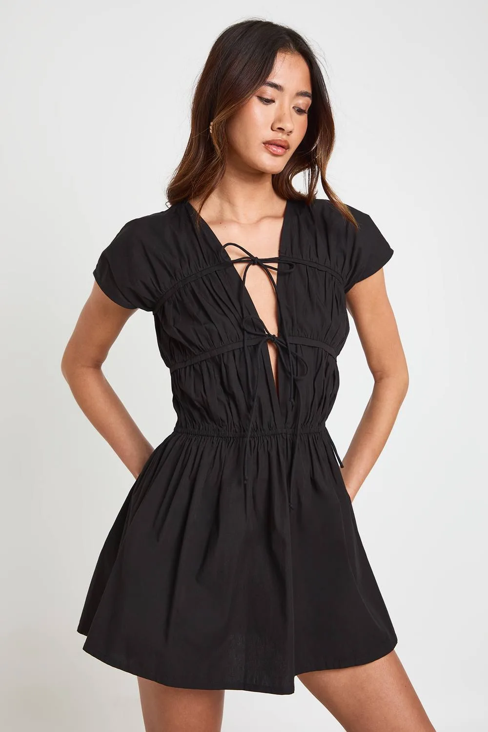 Cotton Poplin Shirred Front Tie Mini Dress by boohoo