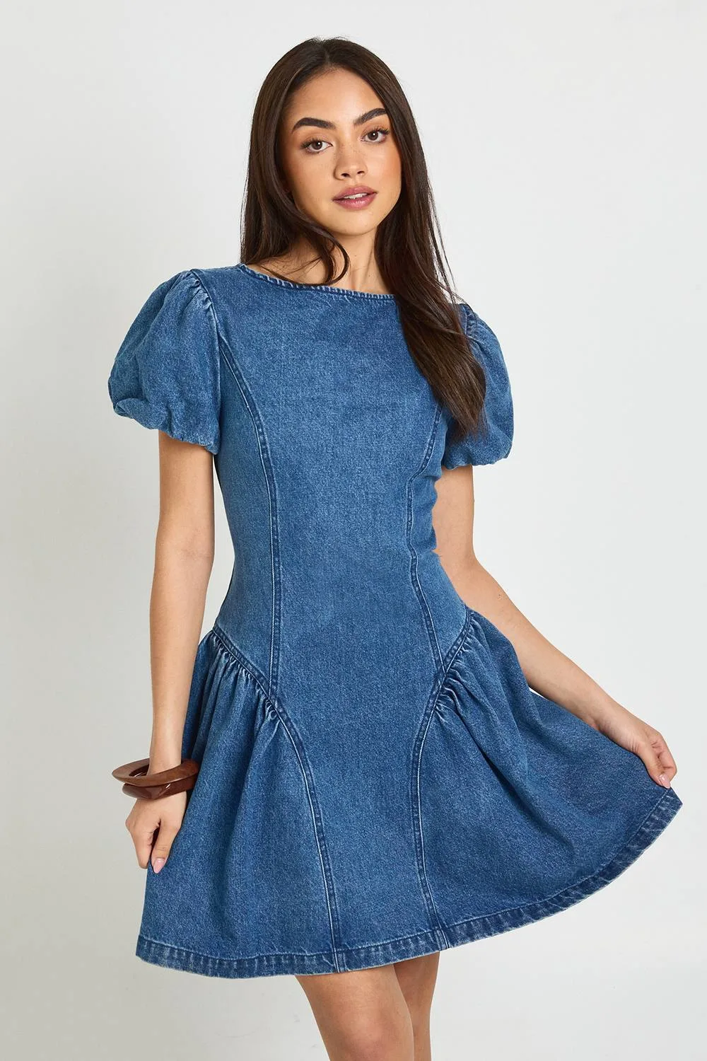 Puff Sleeve Denim Mini Dress by boohoo