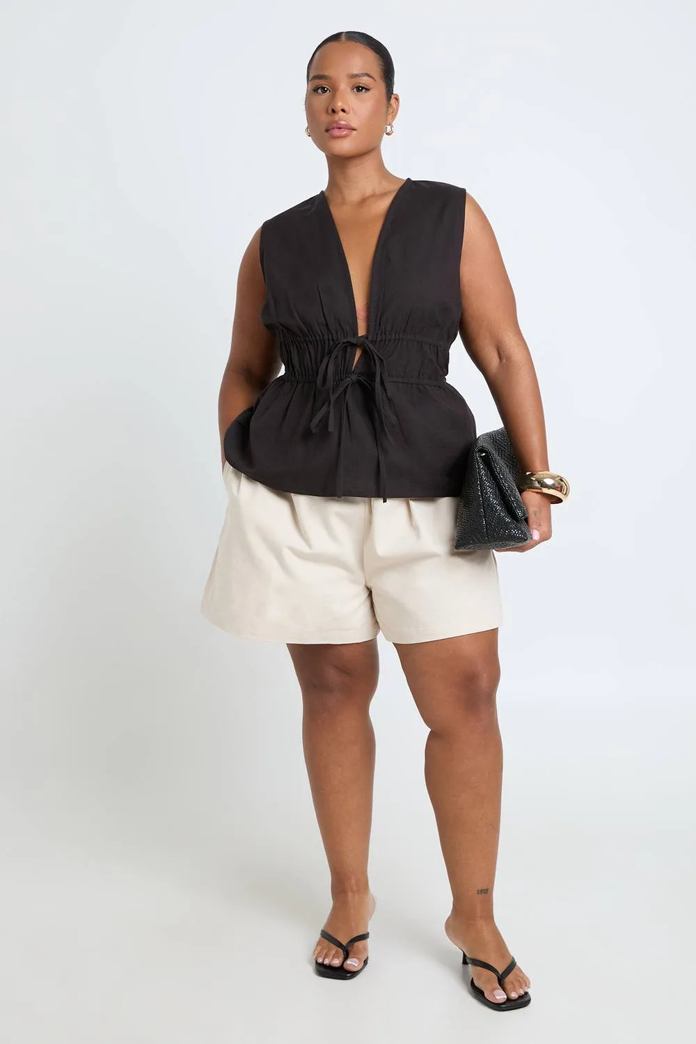 Linen Shirred Waist Tie Front Detail Top by boohoo
