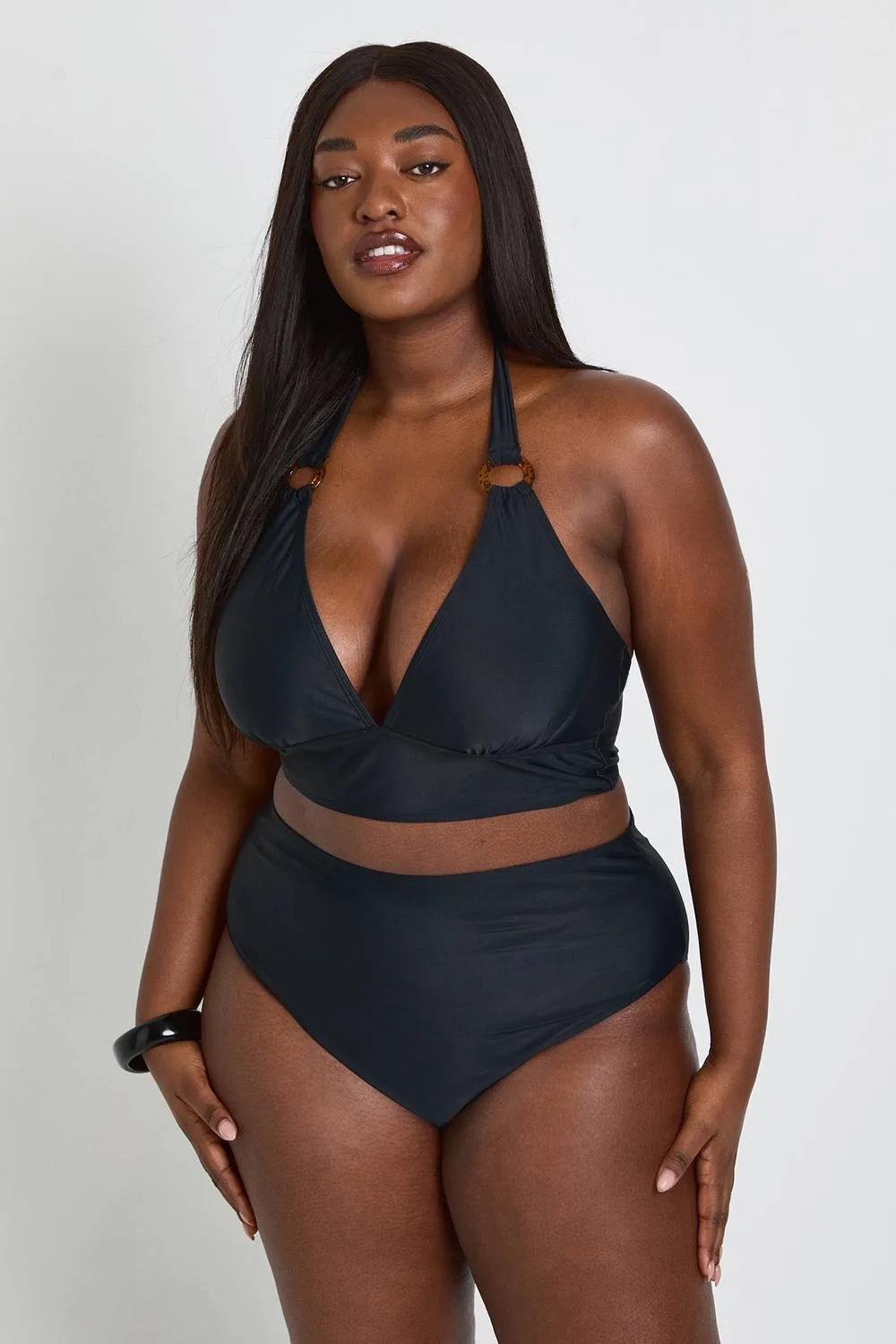 Plunge Trim Detail Bikini Top & High Waist Set