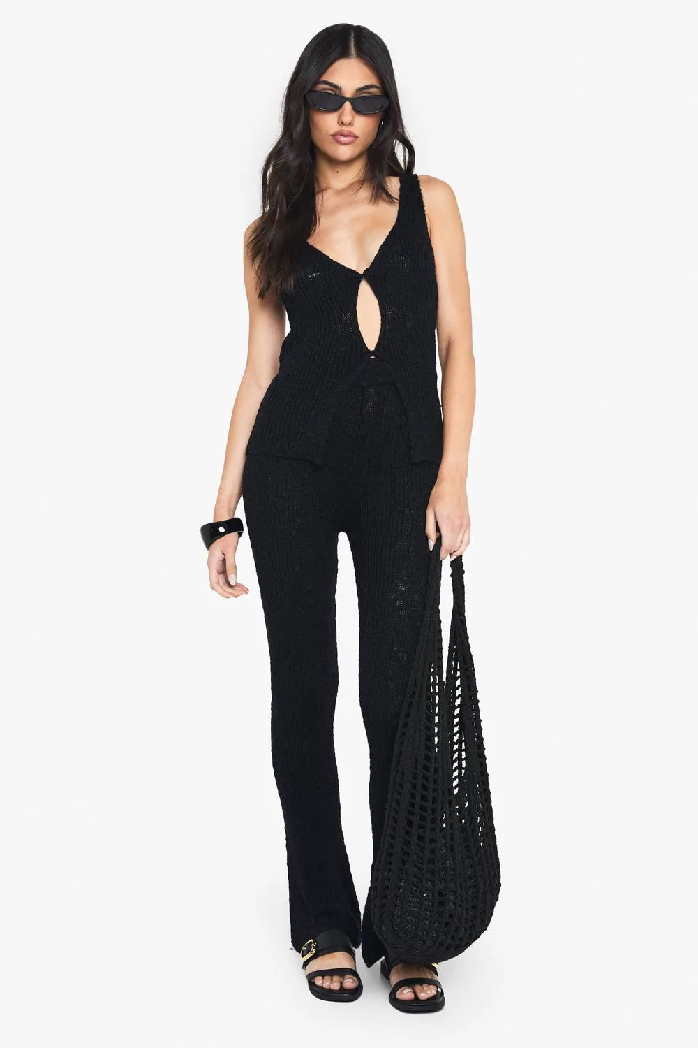 Knitted Crochet Flare Trouser by boohoo