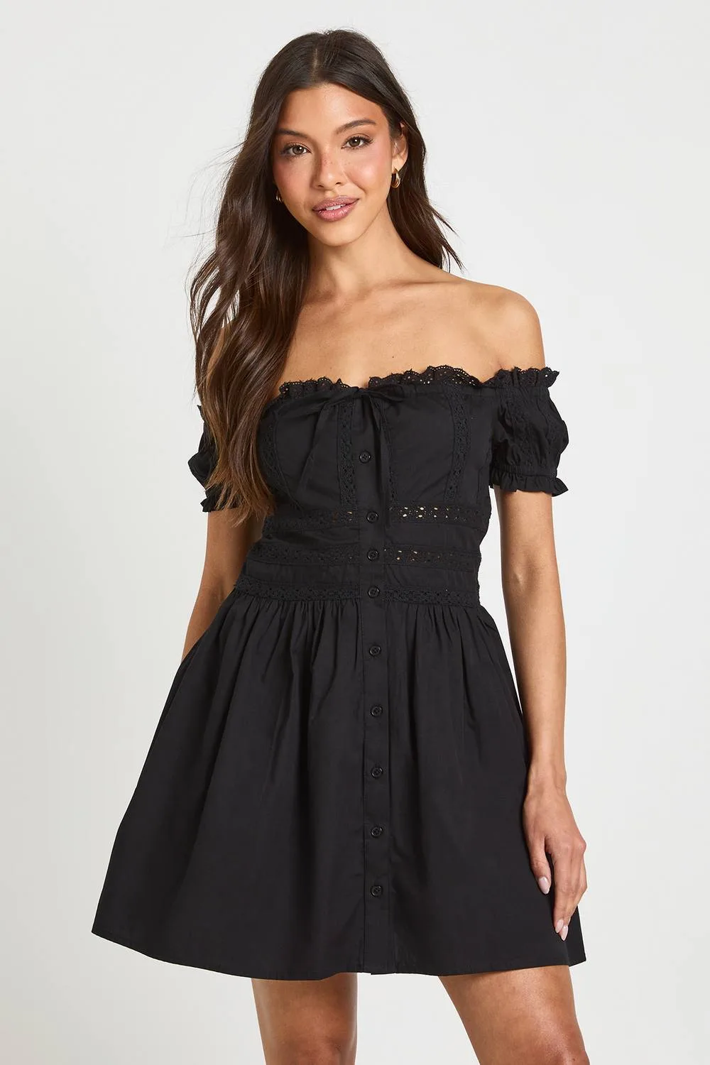 Lace Insert Bardot Mini Dress by boohoo