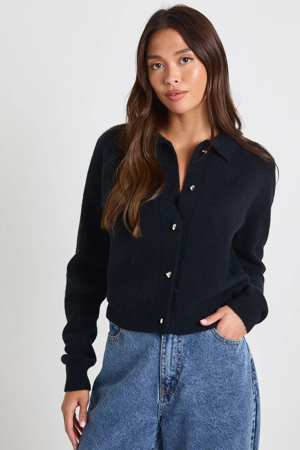 Heart Button Collared Knitted Cardigan by boohoo