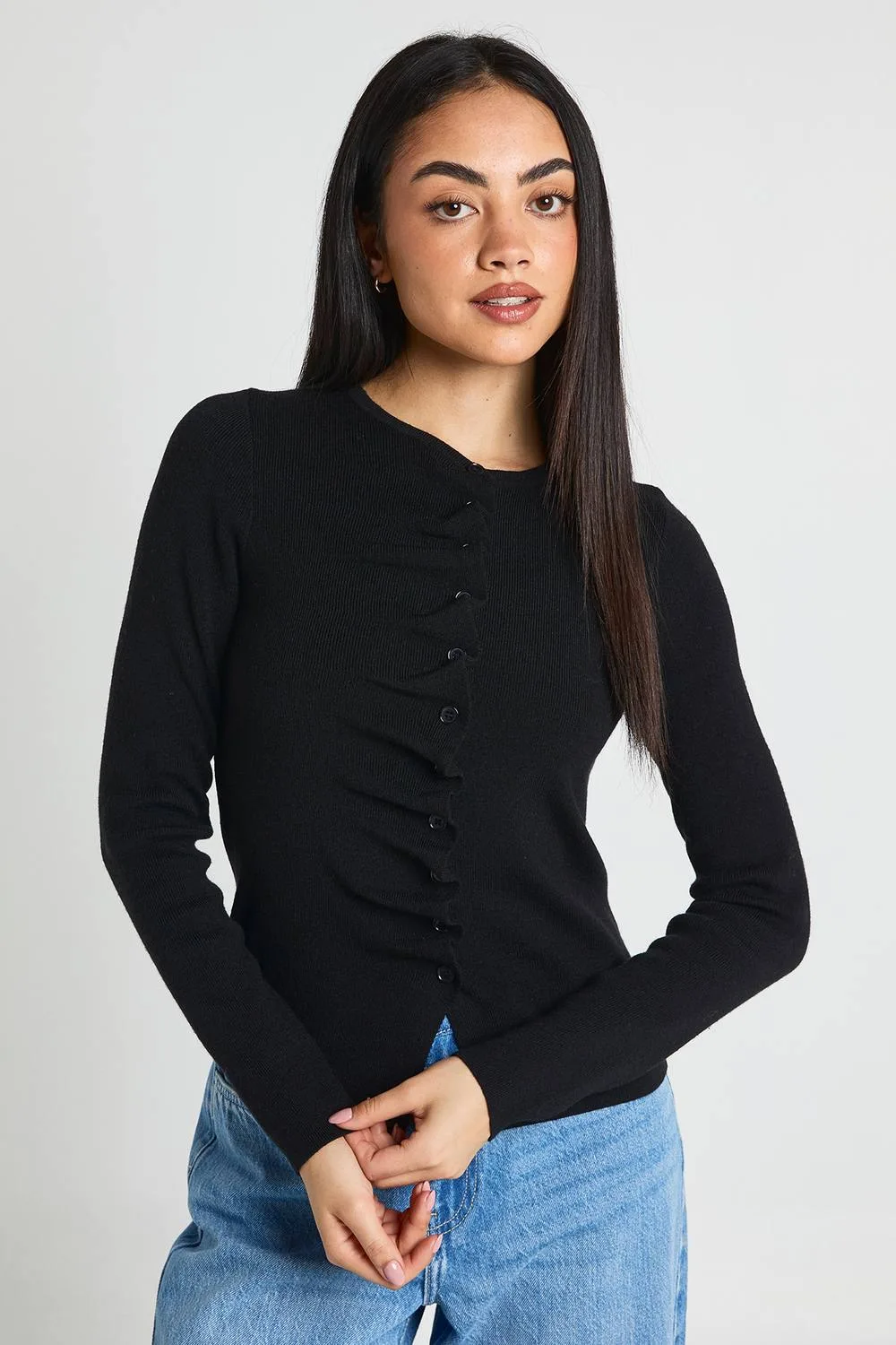 Ruffle Placket Button Through Cardigan by boohoo