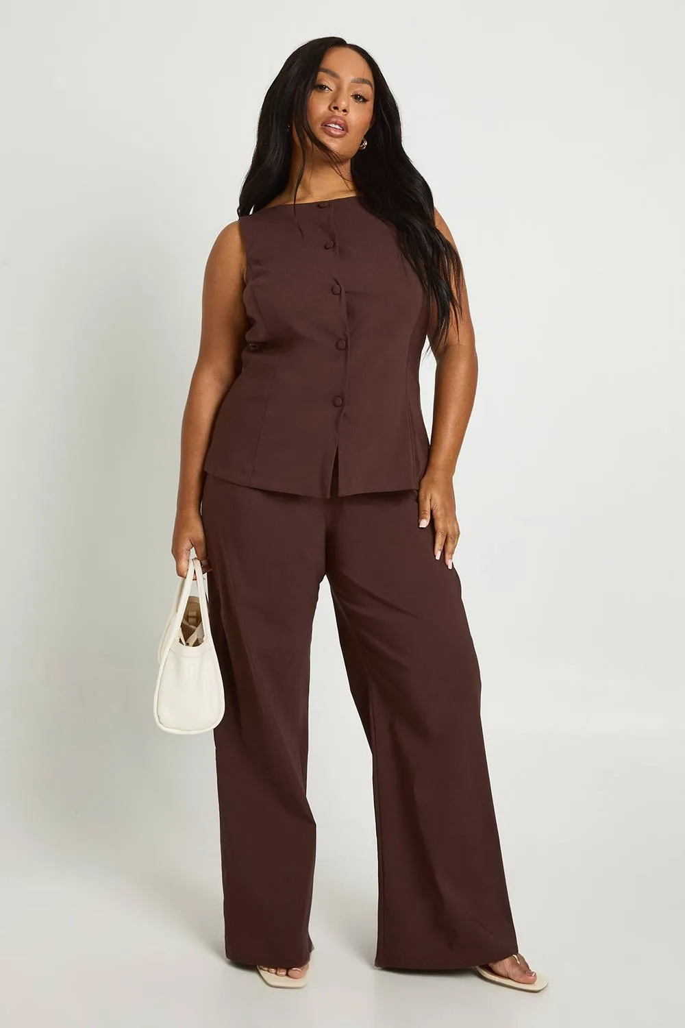Super Stretch Fitted Long Line Waistcoat & Wide Leg Trousers by boohoo