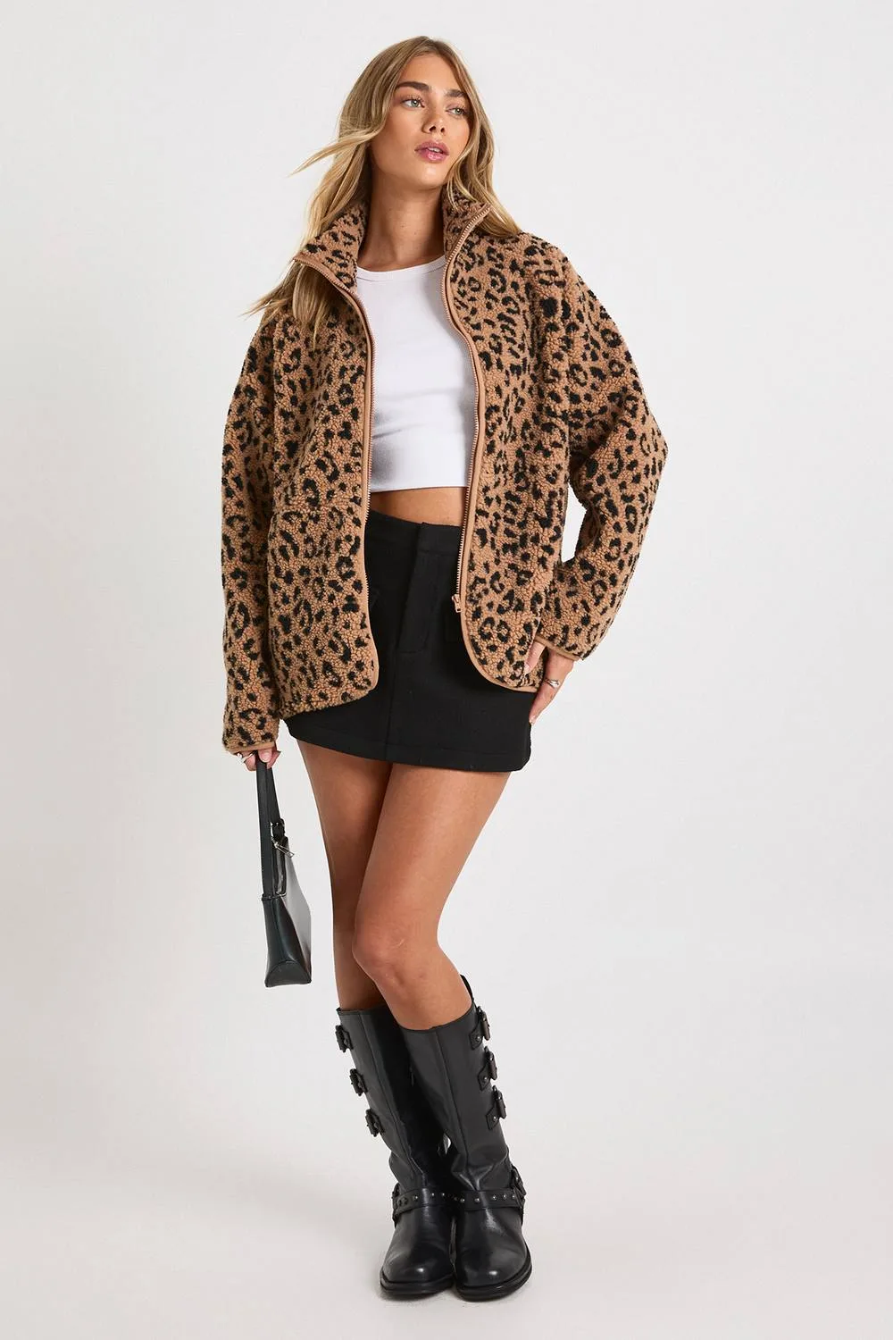 Leopard Print Oversized Teddy Jacket by boohoo