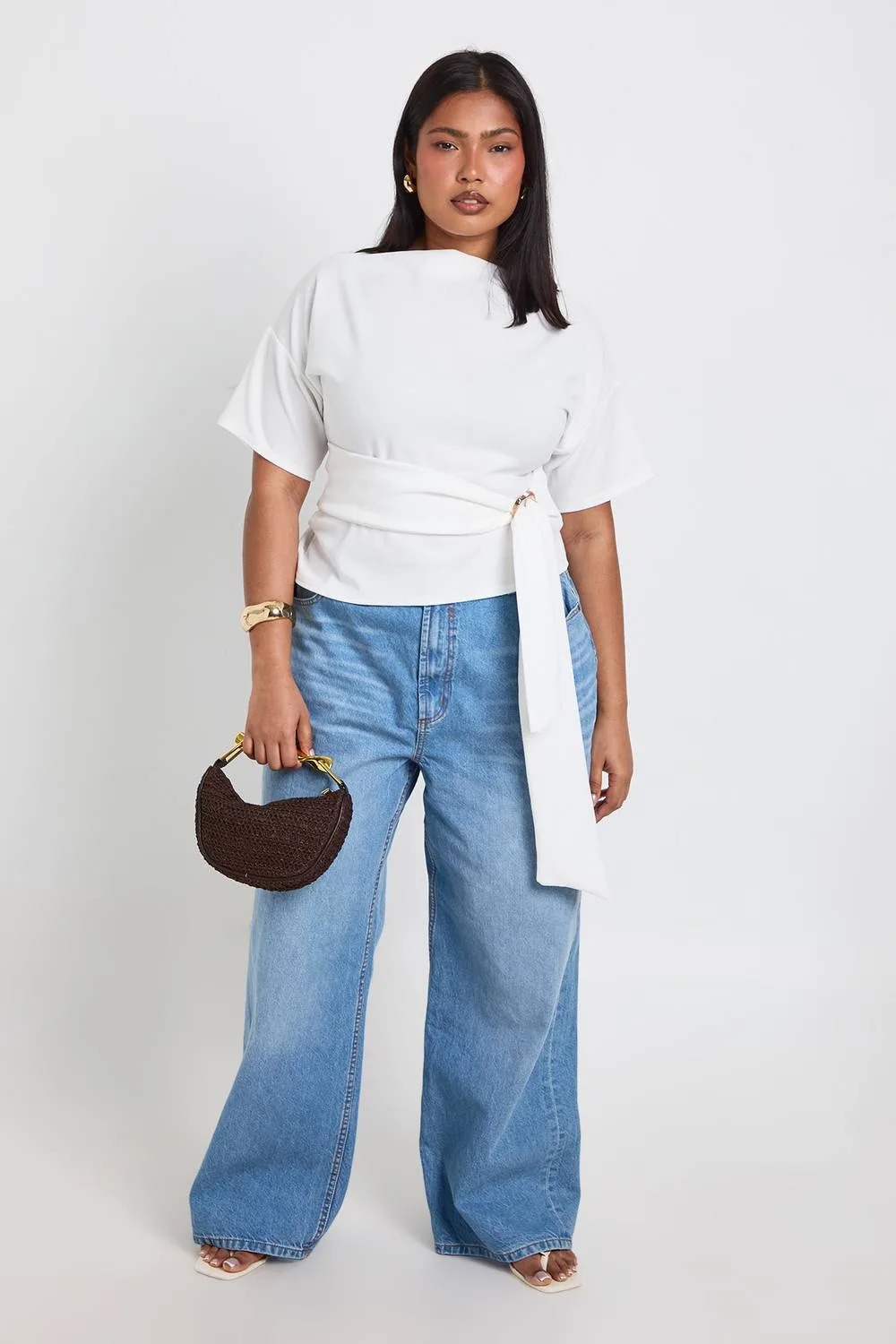 Crepe Grown on Neck Gold Trim Belt Detail Short Sleeve Top
