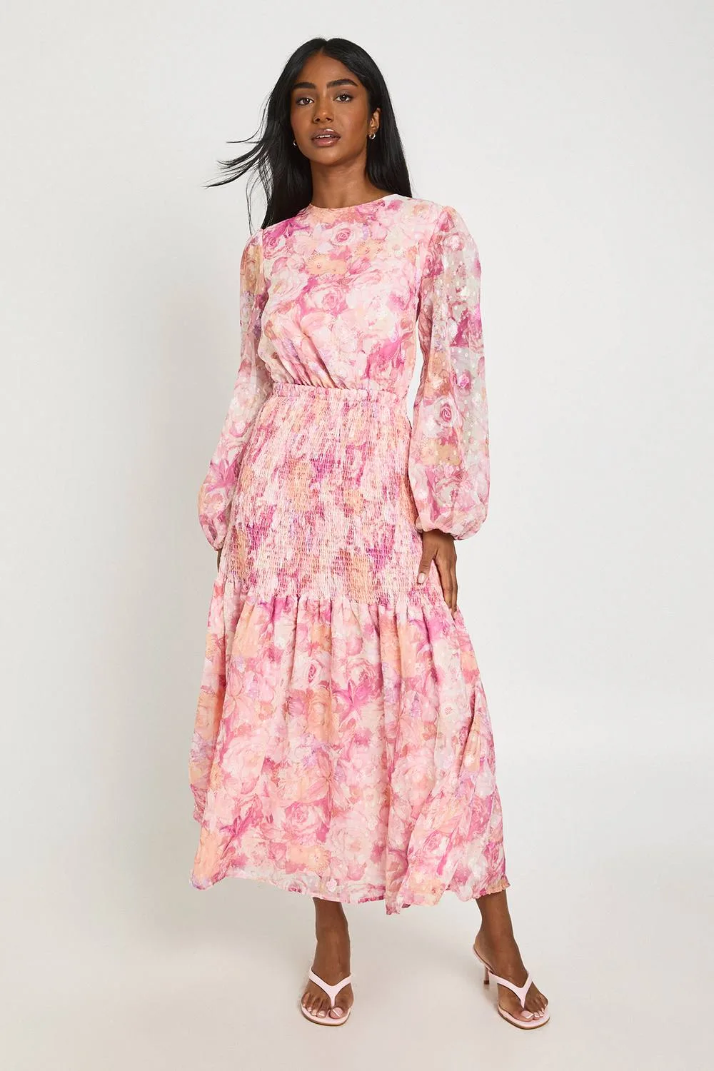 Jacquard Floral Shirred Open Back Midi Dress by boohoo