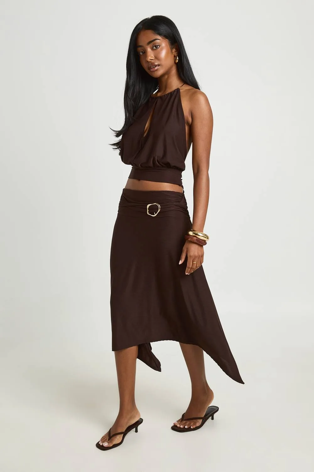 Gold Trim Drape Detail Hanky Hem Midi Skirt