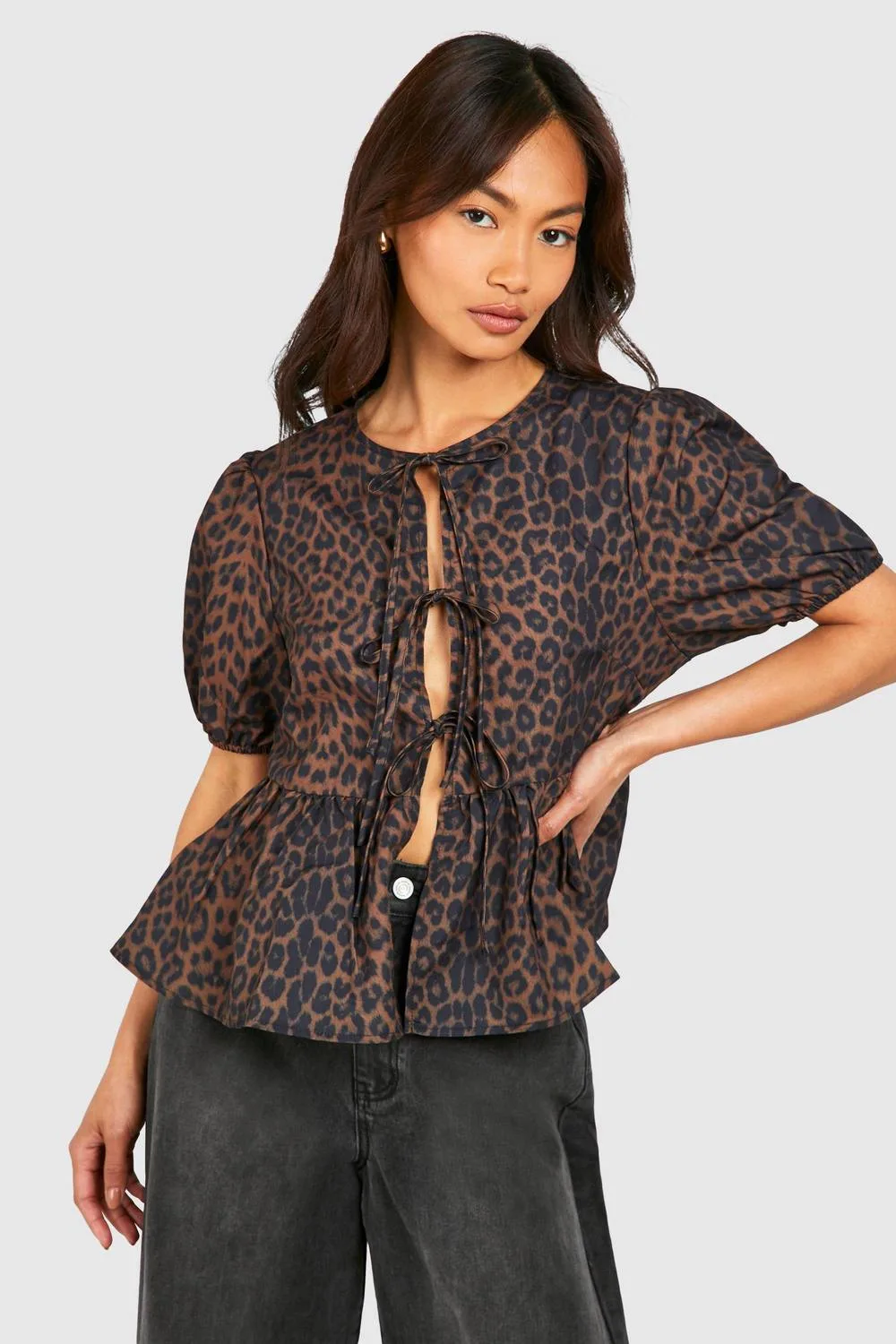 Leopard Puff Sleeve Bow Tie Top by boohoo