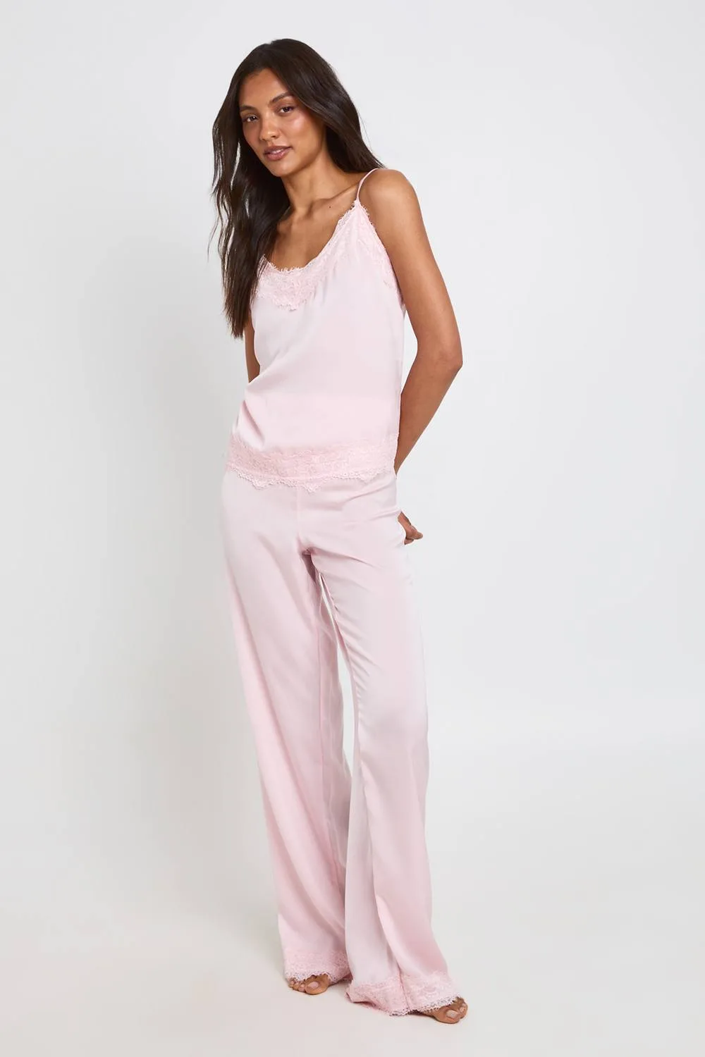 Eyelash Lace Trim Cami & Trouser Pyjama Set