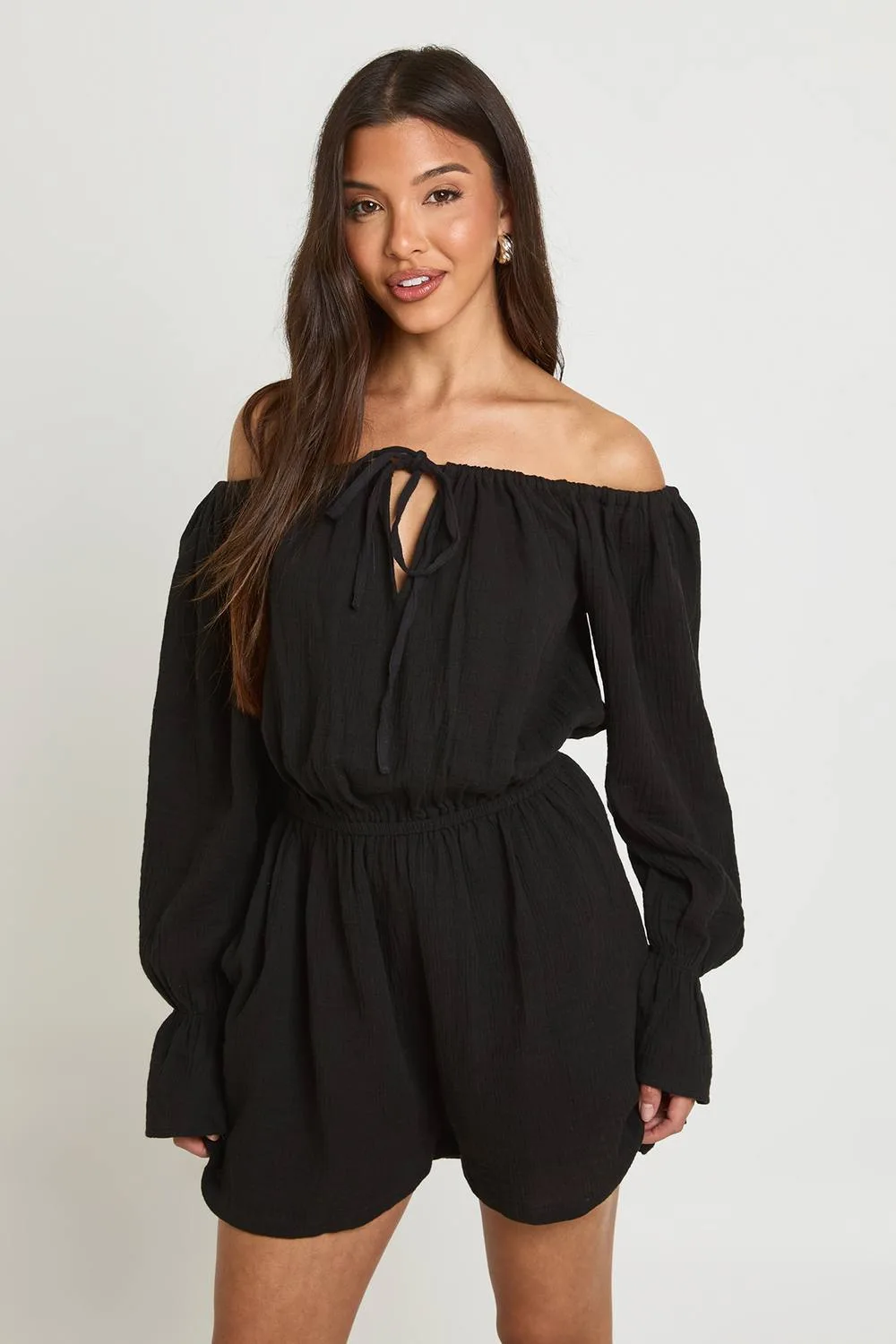 Textured Bardot Blouson Playsuit