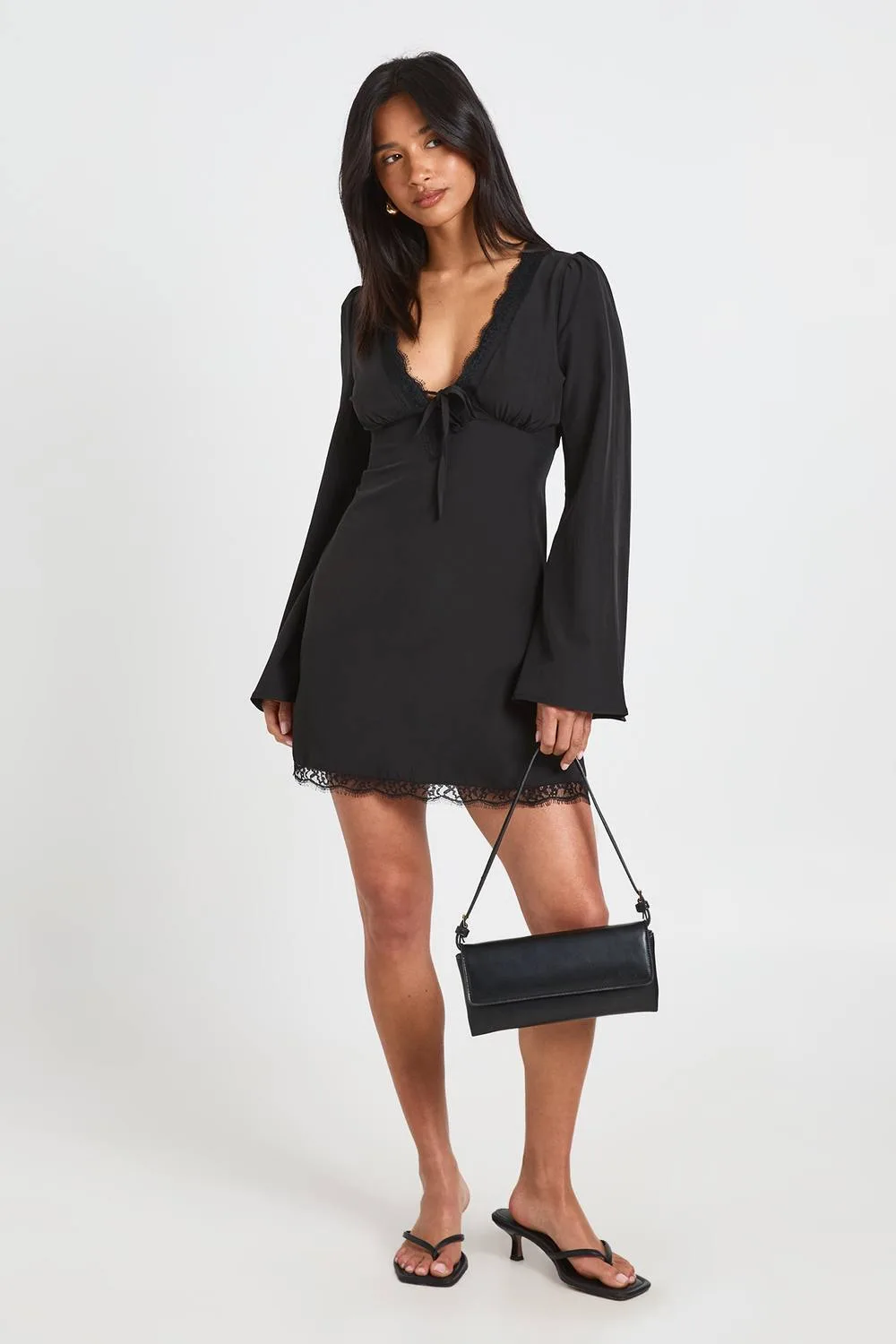 Flared Sleeve Lace Trim Mini Dress by boohoo