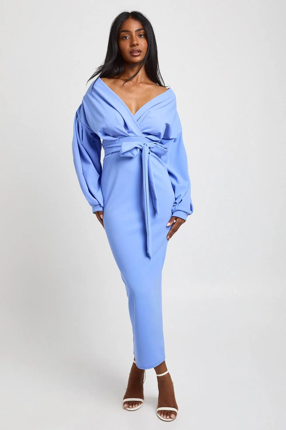 Off the Shoulder Wrap Front Midaxi Dress by boohoo
