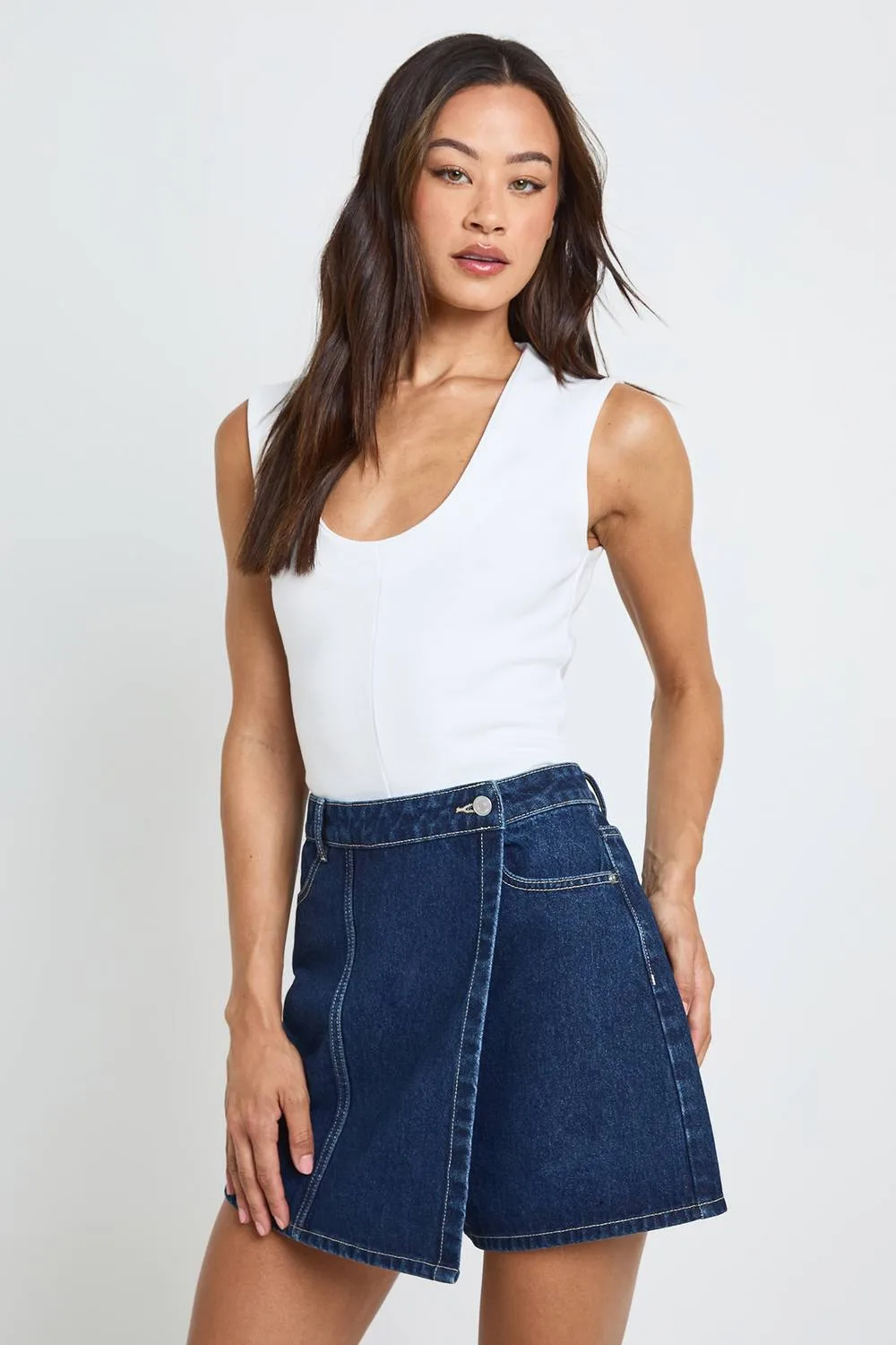 Wrap Front Denim Skort by boohoo