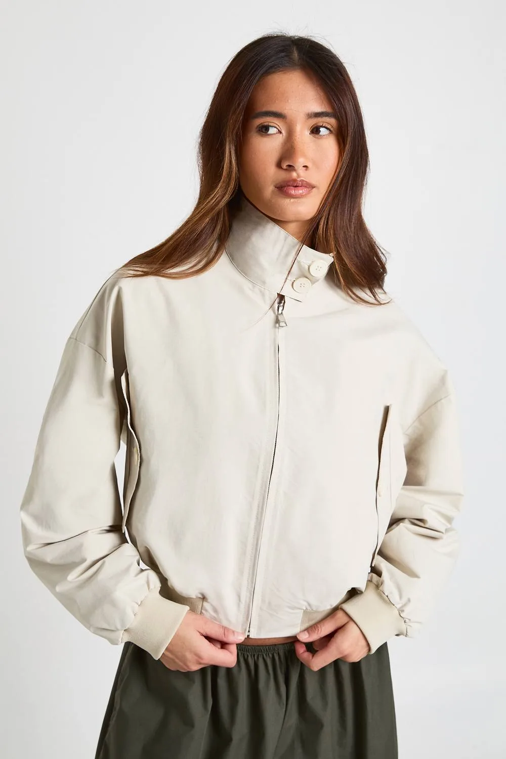 Button Funnel Neck Lightweight Bomber Jacket - Stone by boohoo