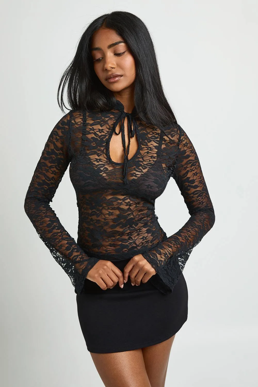 Lace Long Sleeve Keyhole Top by boohoo