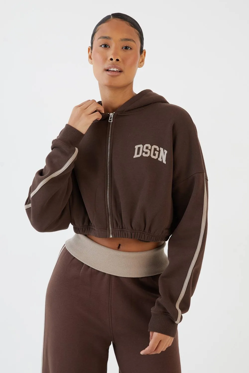 Side Stripe Boxy Crop Zip Through Hoodie by DSGN Studio