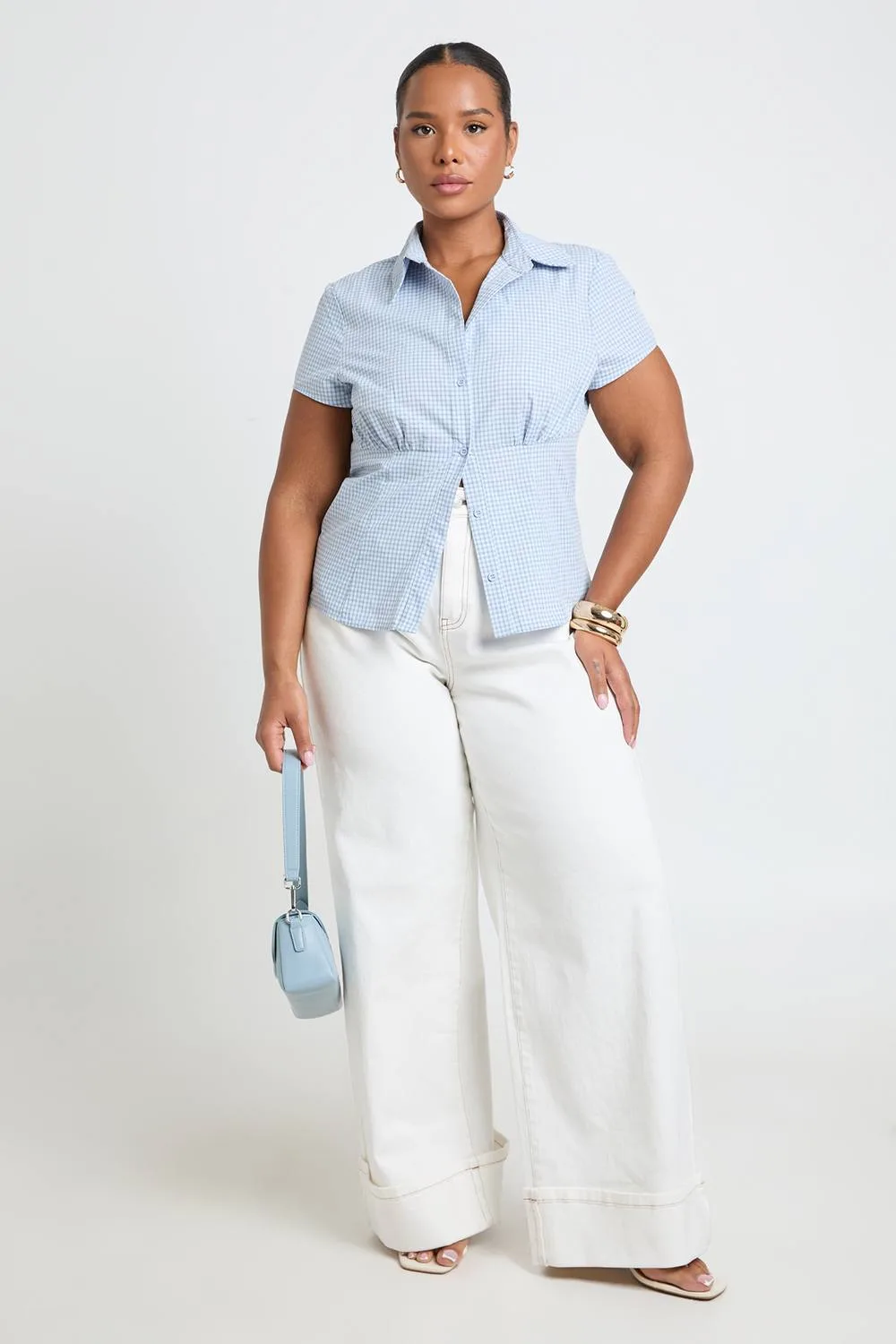 Checked Cap Sleeve Fitted Shirt by boohoo