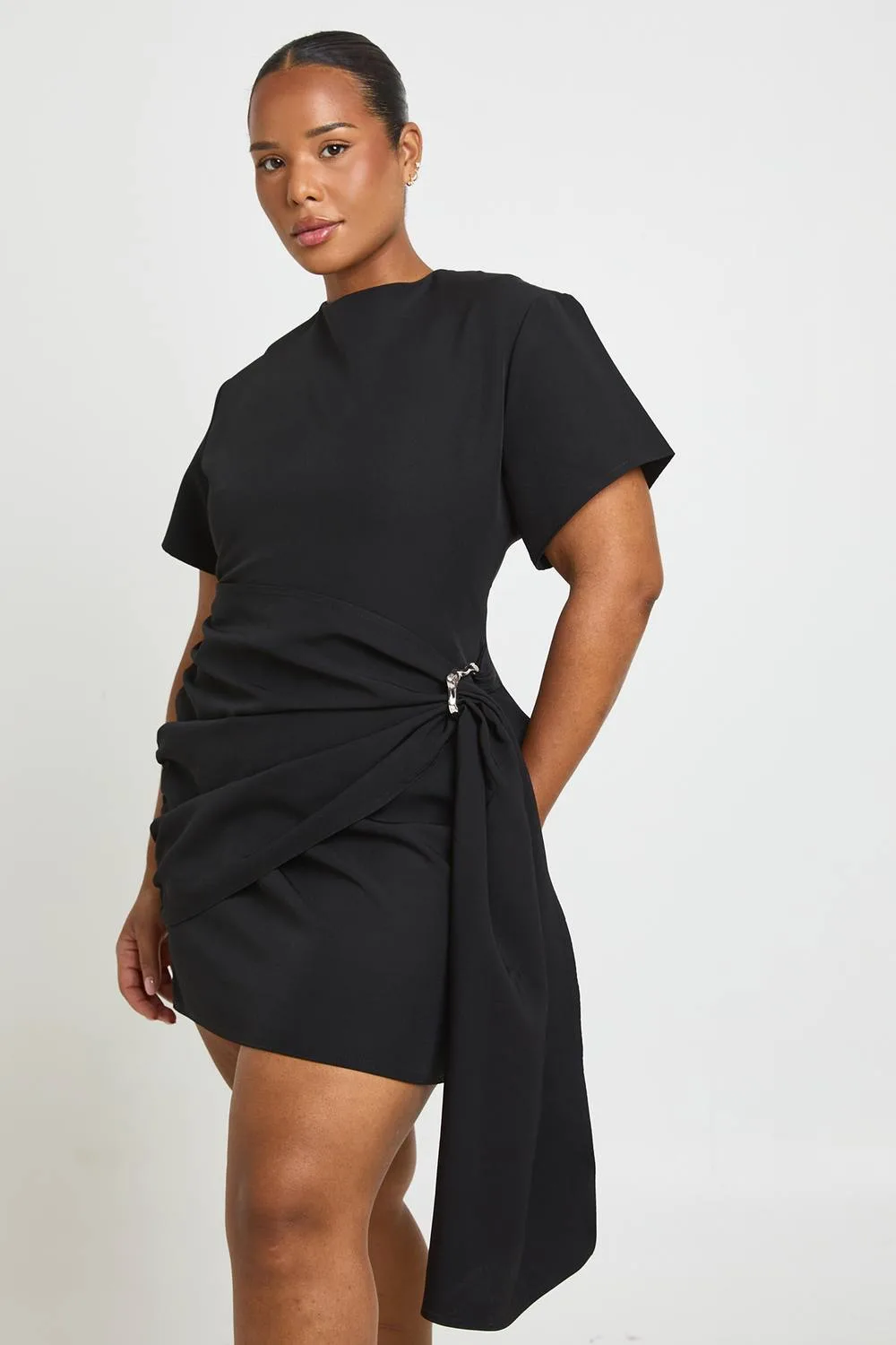 Trim Detail Drape Shoulder Pad Mini Dress by boohoo