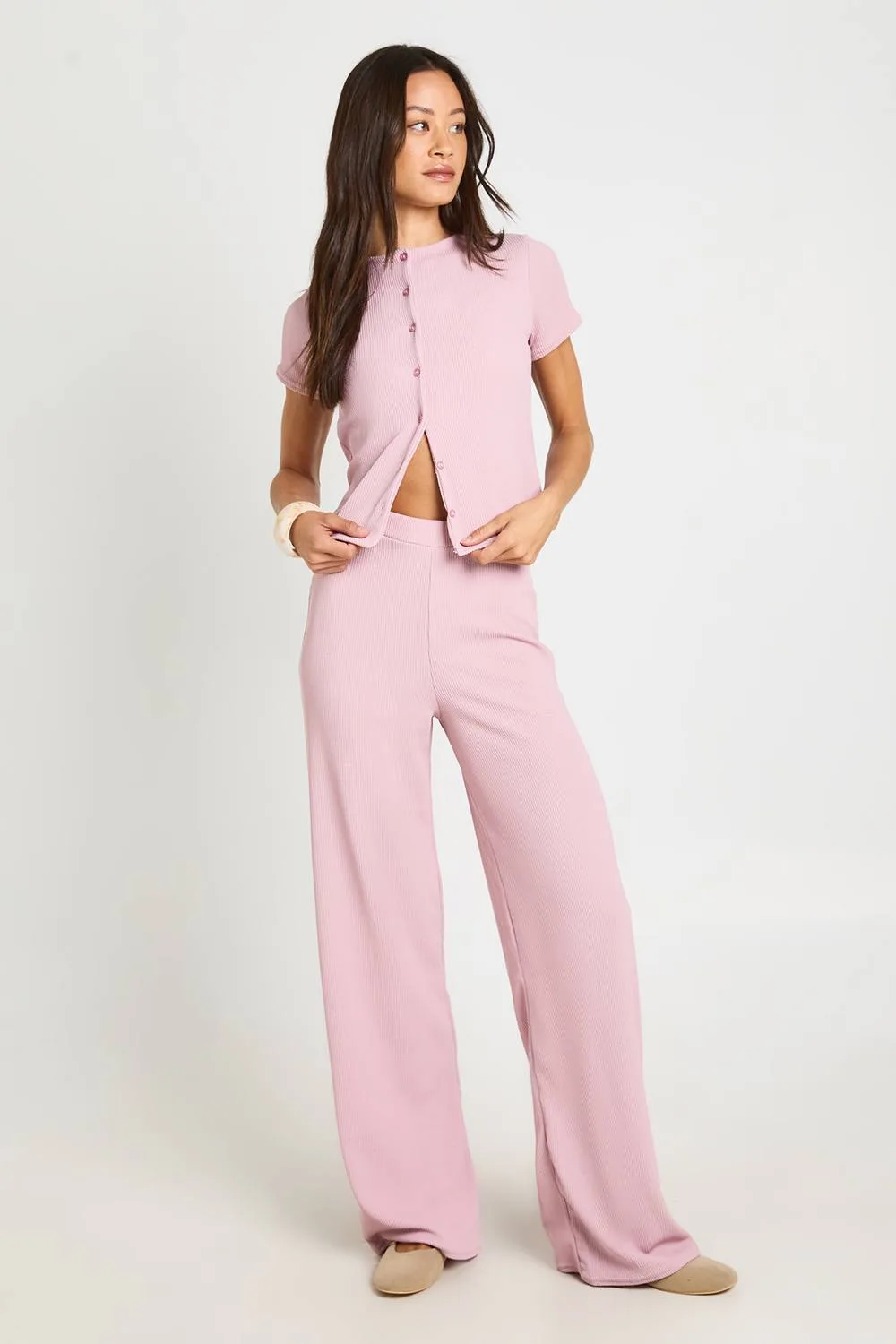 Crinkle Rib Button Through Cap Sleeve Top & Trouser Set