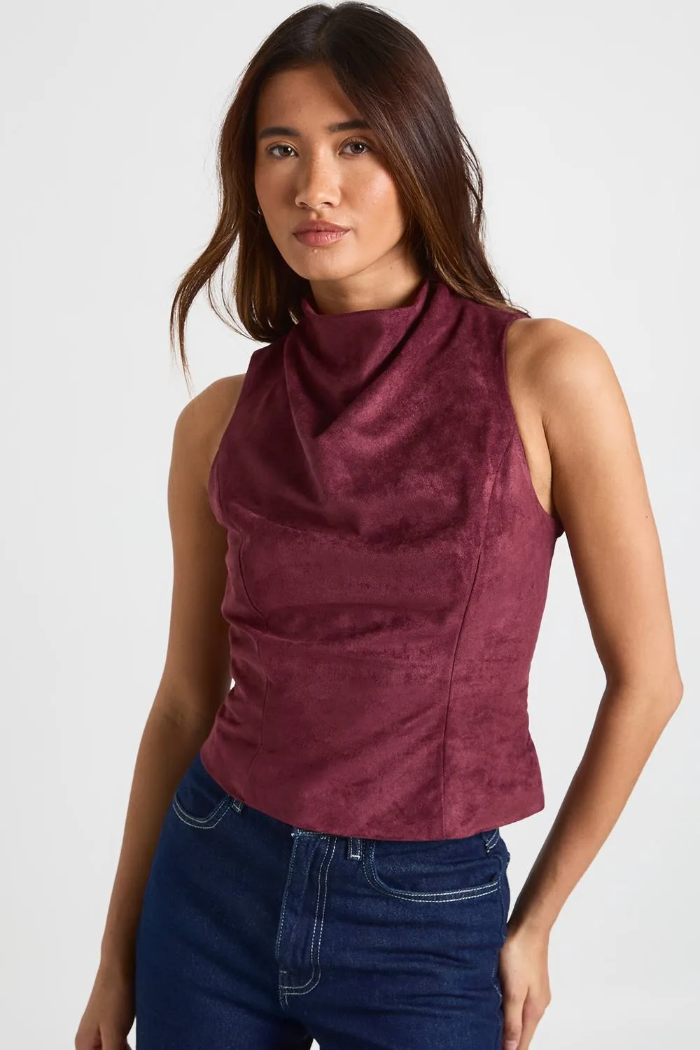 Faux Suede High Neck Cowl Top by boohoo
