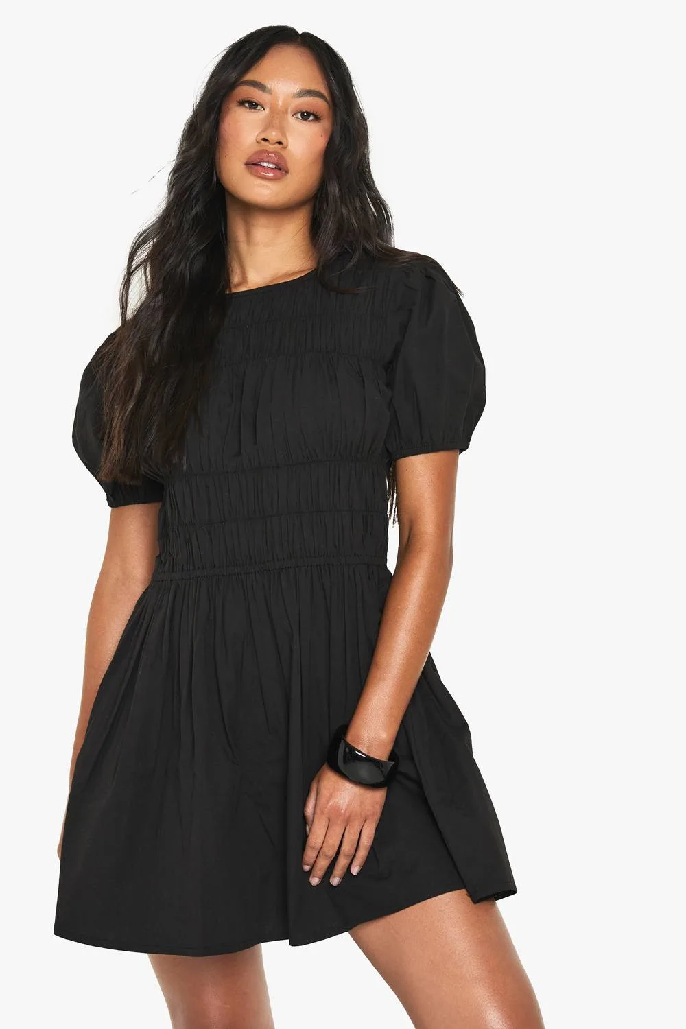 Cotton Poplin Shirred Mini Dress by boohoo