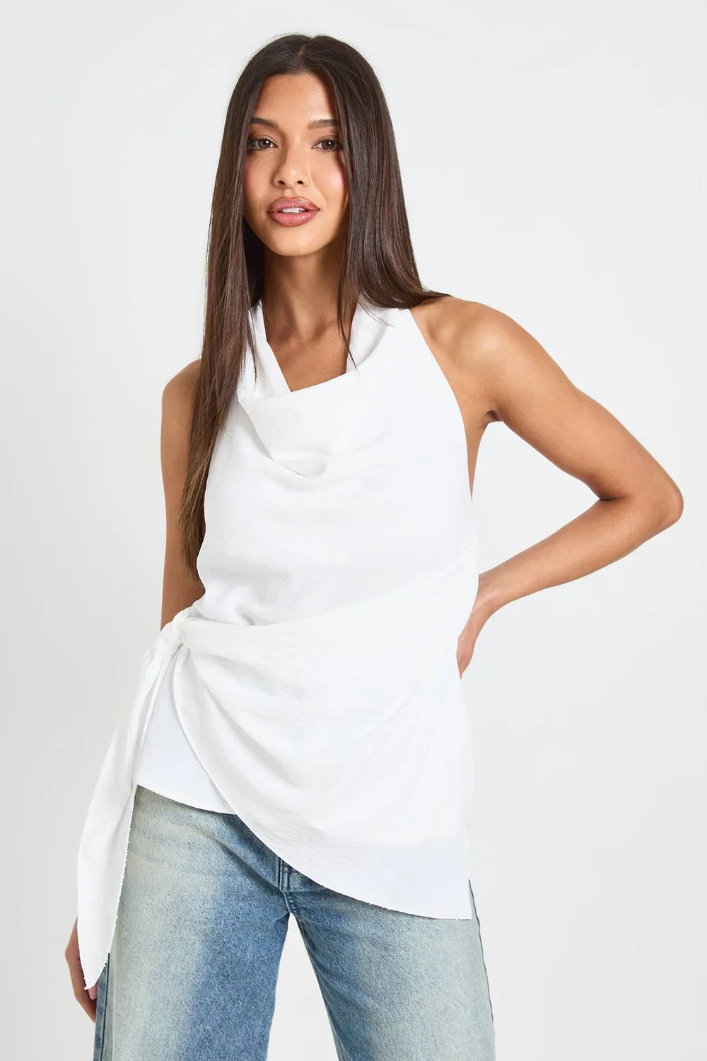 Hammered Halter Cowl Tie Side Drape Blouse by boohoo