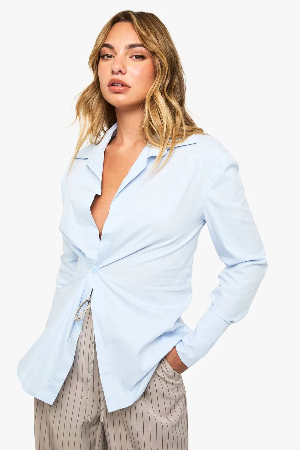 Plunge Wrap Cinched Shirt by boohoo