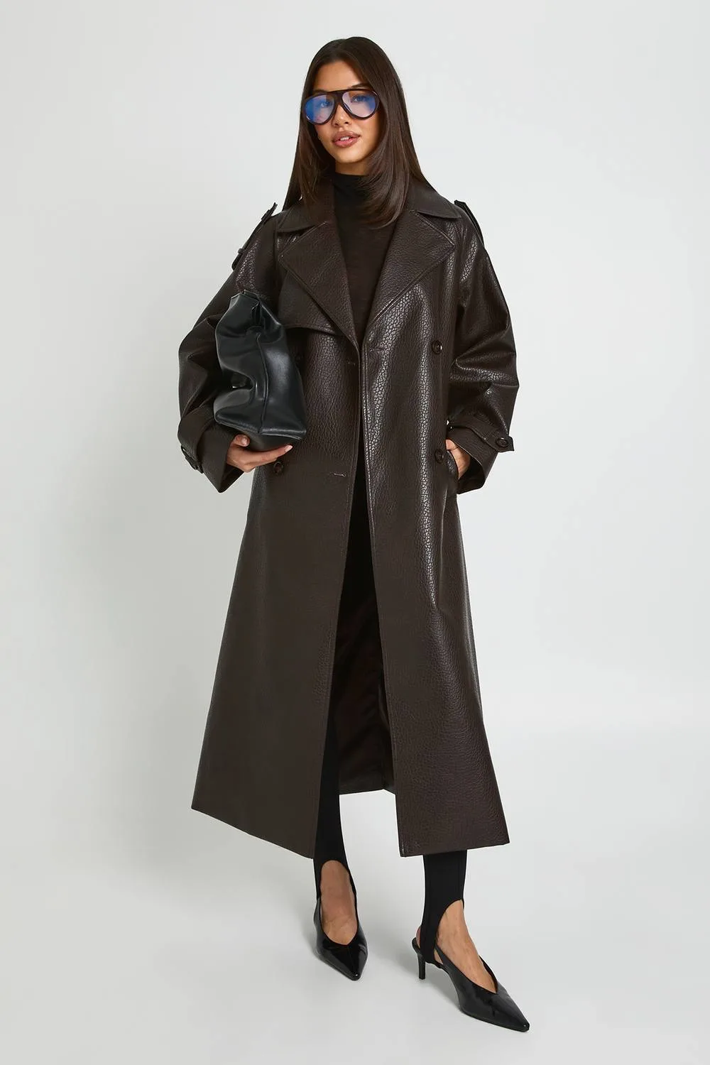 Faux Leather Belted Trench Coat by boohoo