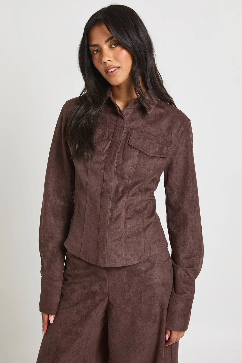 Faux Suede Cinched Shirt by boohoo