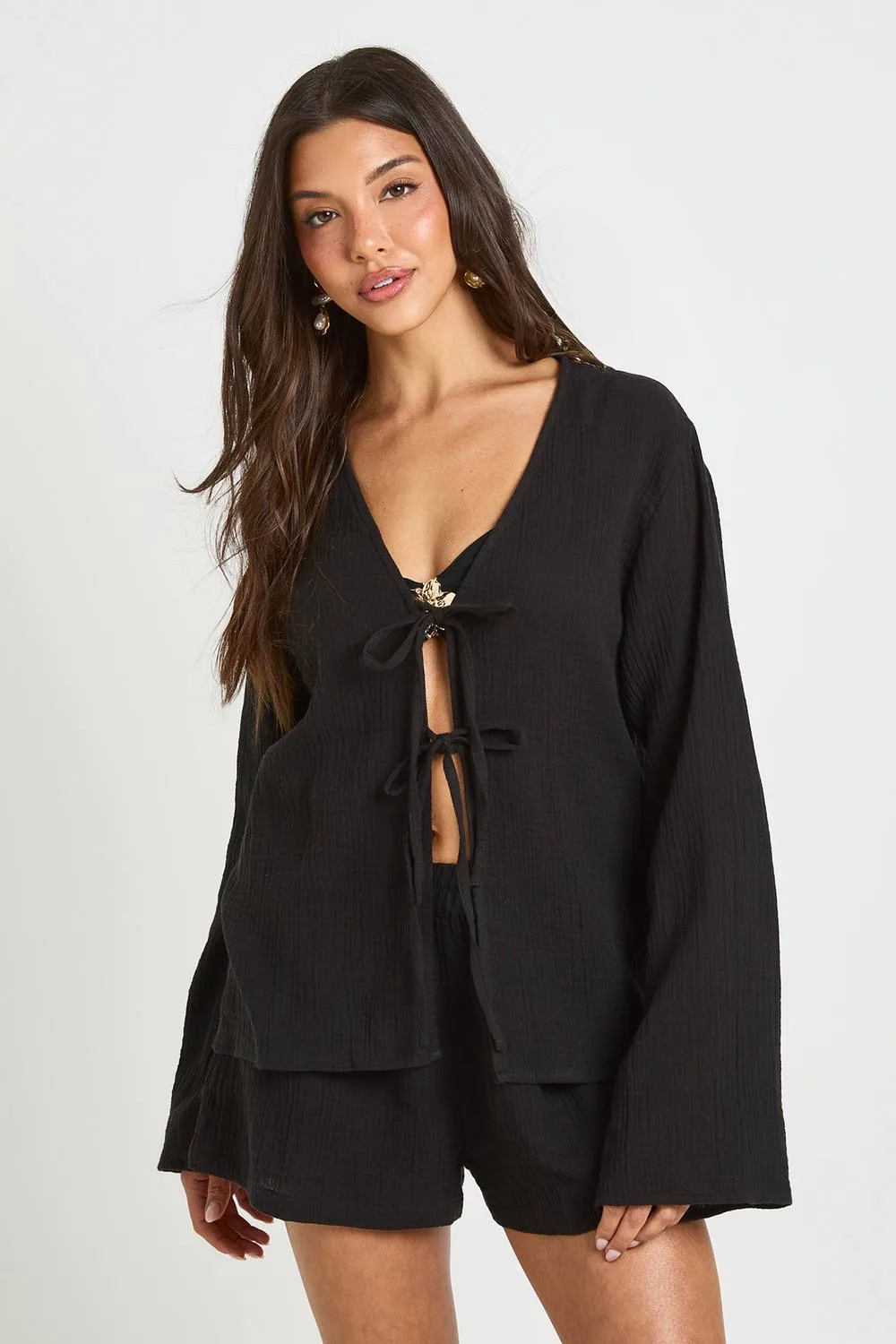 Tie Front Detail Top & Short Beach Co Ord by boohoo