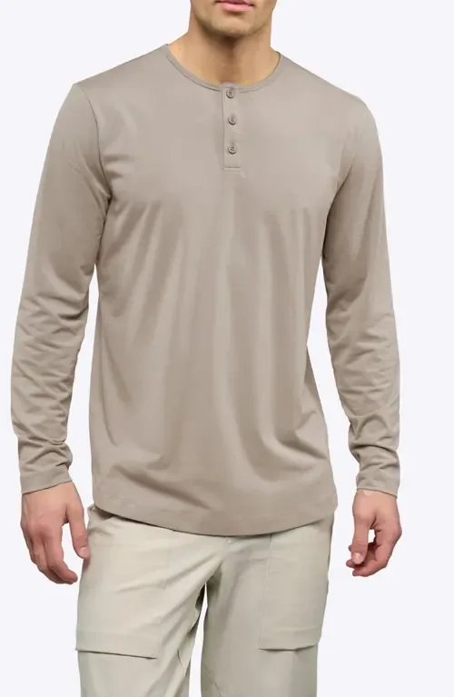 AO Curved Hem Long Sleeve Henley in Pure Cashmere by Cuts