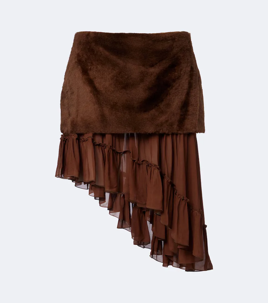 Layered Shearling and Chiffon Miniskirt by Jacques Wei
