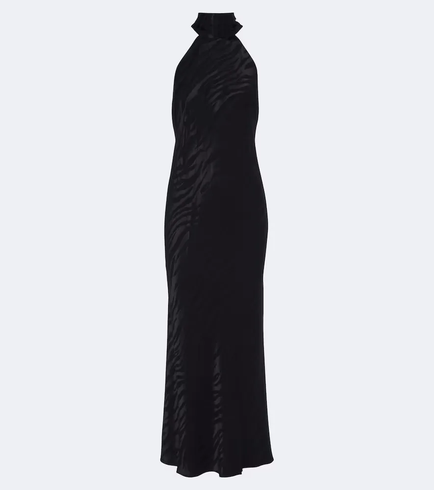 Maura Open-Back Satin Jacquard Midi Dress