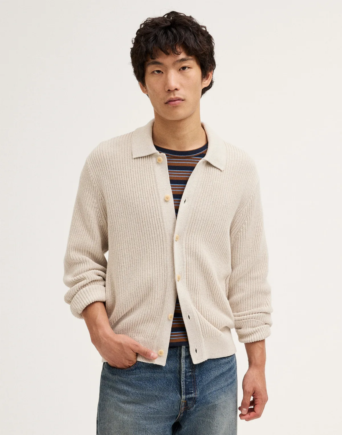Textured-Stitch Collared Cardigan in 100% Cotton by MW