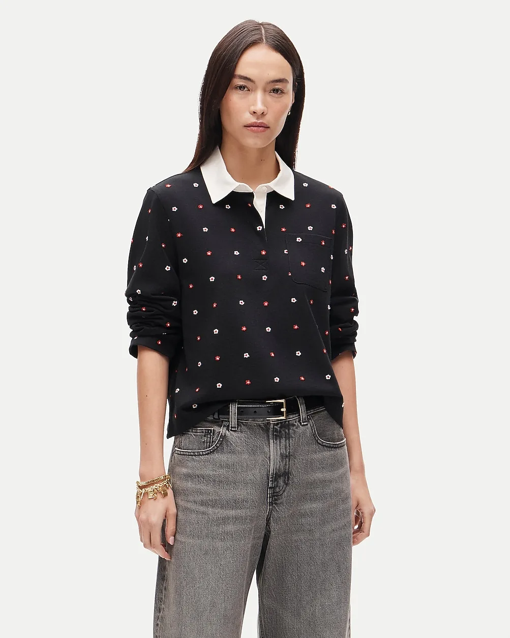 Boyfriend Jersey Cropped Rugby Shirt with Floral Embroidery by J.Crew