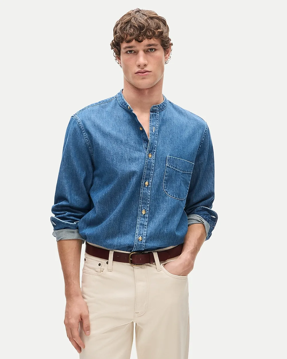 Midweight Denim Band-Collar Shirt