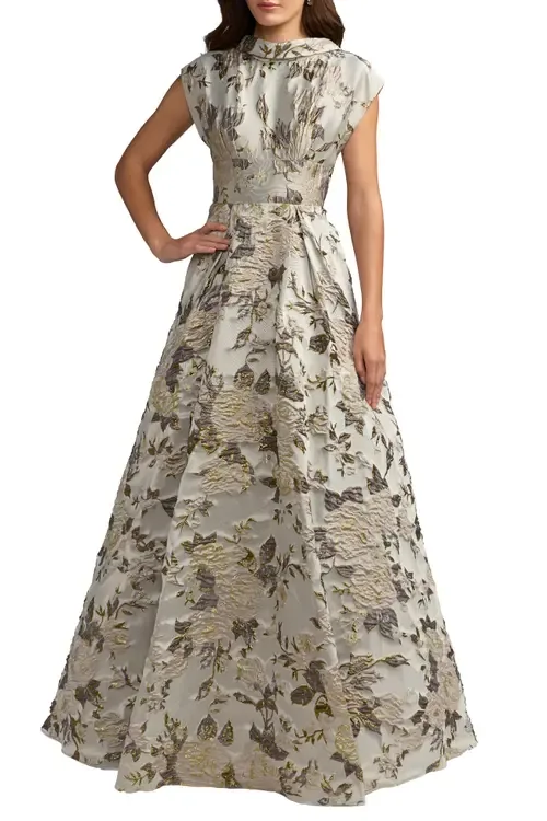 Floral Mock Neck Brocade Cap Sleeve Ball Gown