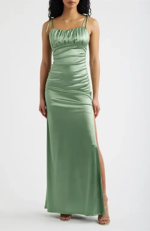 Emma Ruched Tie Strap Satin Gown by Emerald Sundae