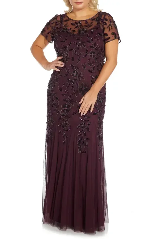 Beaded Floral Godet Gown by Adrianna Papell