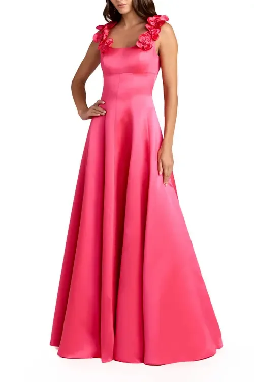 Satin Sleeveless Ballgown with 3D Flower Detail by Mac Duggal
