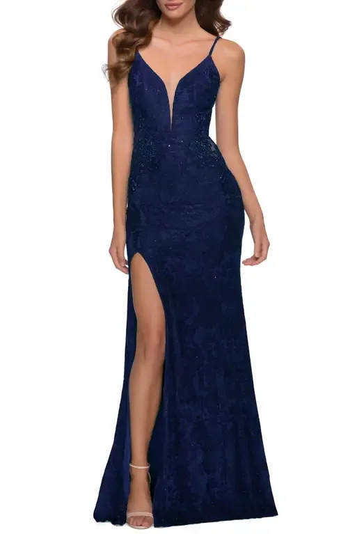 Chic Long Stretch Lace Gown with Sheer Rhinestone Back by La Femme