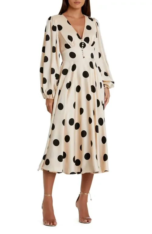 Polka Dot Charmeuse Long Sleeve V Neck Midi Dress by Mac Duggal
