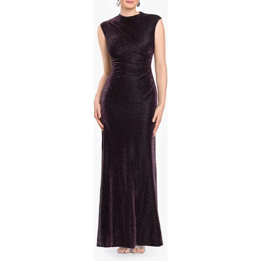 Metallic Crinkle Ruched Gown by Betsy & Adam