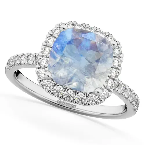 Cushion Halo Moonstone & Diamond Engagement Ring 14k by ALLUREZ