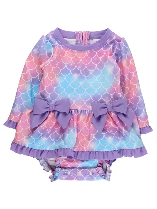 UPF50+ Long Sleeve One Piece Bow Peplum Rash Guard Swimsuit by RuffleButts